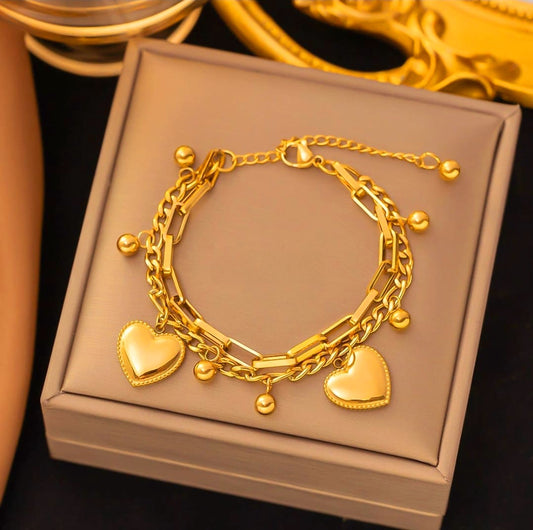 Pulsera de acero inoxidable doble capa 2 corazones